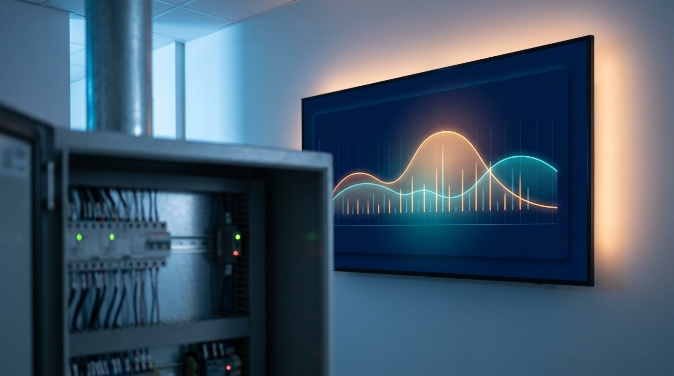 Pantalla montada en muro que muestra dos curvas de energía superpuestas, una naranja y una teal, junto a un tablero eléctrico abierto con interruptores y pilotos de estado.