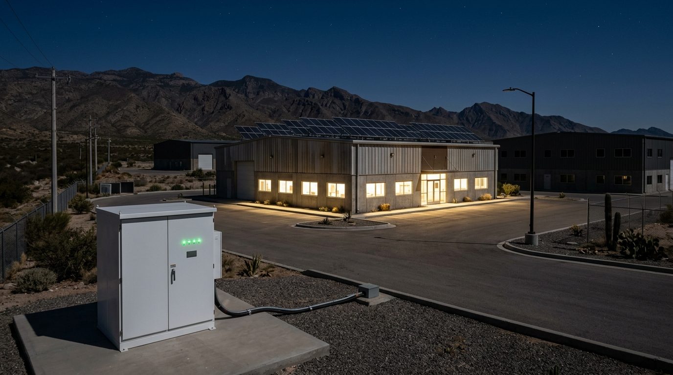Escena nocturna en un parque industrial: un gabinete de baterías blanco y sin marca, con pilotos verdes encendidos, conectado por canalización a una nave que tiene todas sus luces prendidas y un arreglo solar en la cubierta. Las naves vecinas y la luminaria de la calle están apagadas. Sierra al fondo.