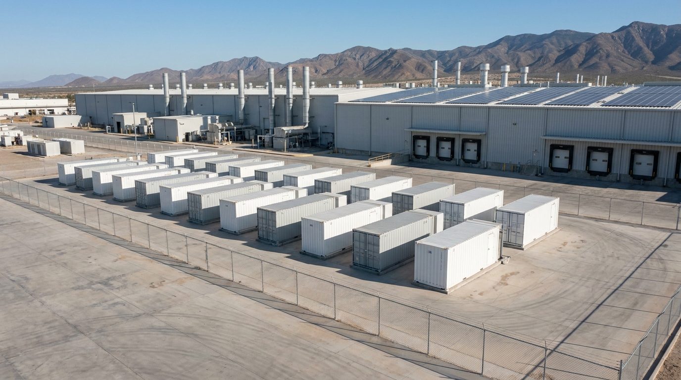 Vista aérea de un sistema de almacenamiento en baterías a escala industrial: filas de contenedores blancos sobre una explanada de concreto, junto a naves industriales con arreglos solares en la cubierta y montañas al fondo.